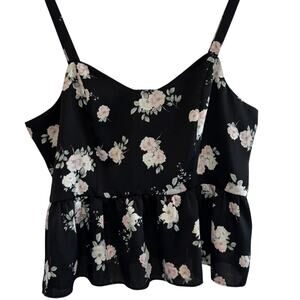 Floral Peplum‎ Tank Top Black Spaghetti Straps Fairy Grunge Cottagecore SZ L